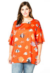 Blouse wide frilled sleeves FISHES - orange 