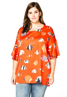 Blouse wide frilled sleeves FISHES - orange  - #1