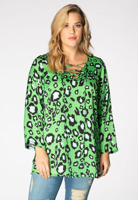 Tunic v-neck lacing LEOPARD - green  - #1